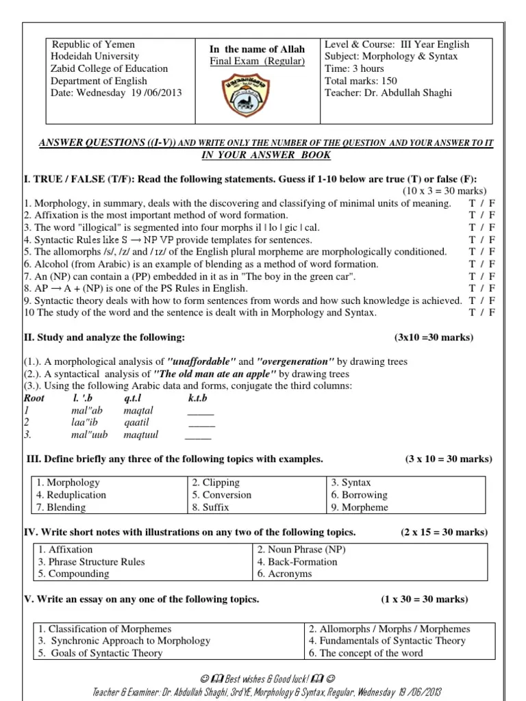 A Transformational Study Of Syntax Exam Past Paper