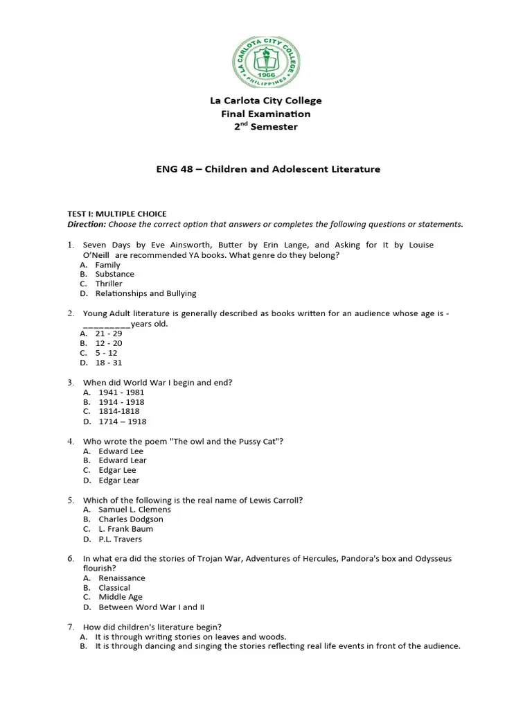 Download Children's Literature Exam Past Paper