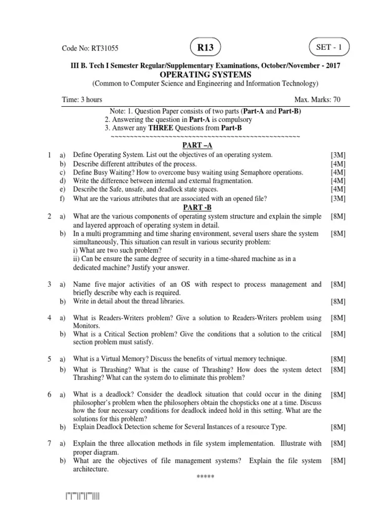Operating Systems I Exam Past Paper